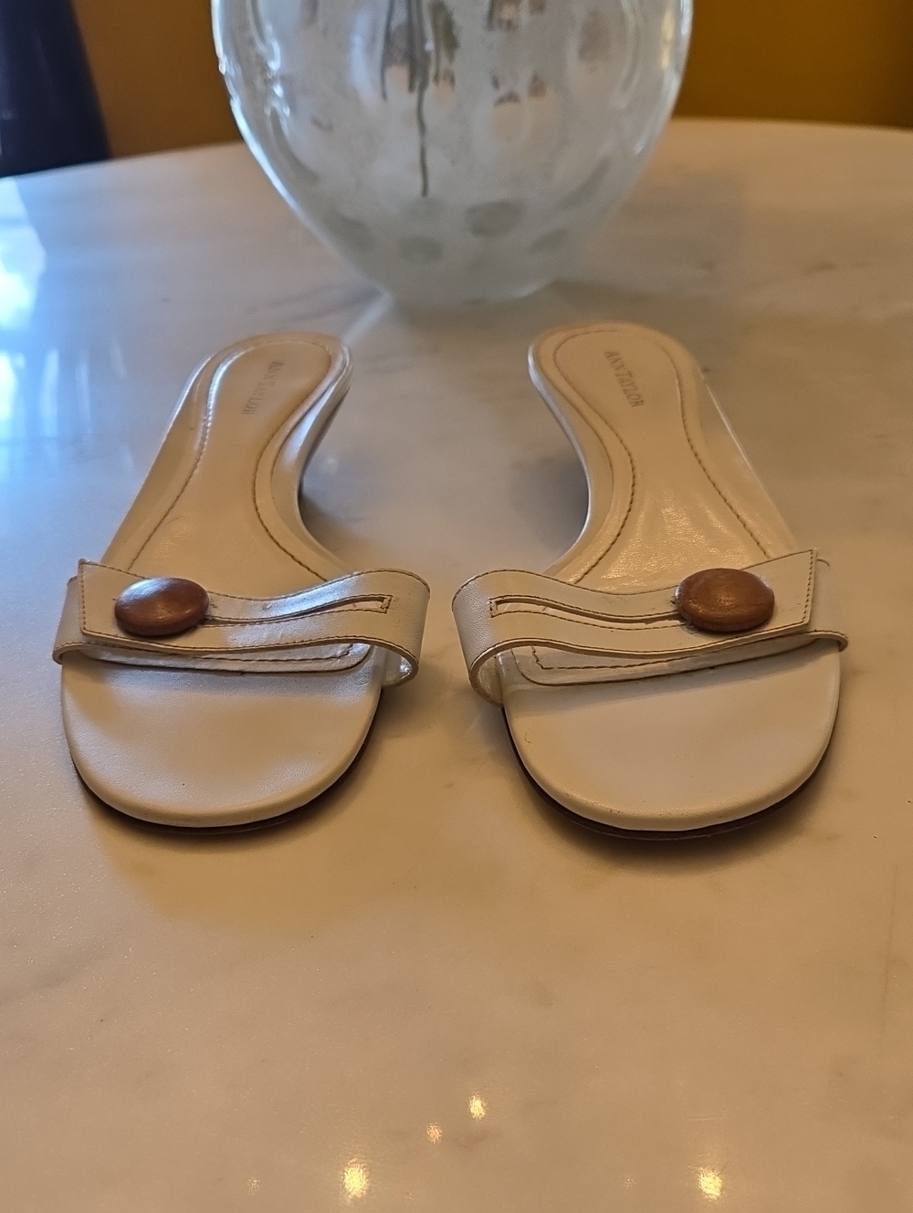Ann Taylor Cream Slide Mules with Brown Button Accent